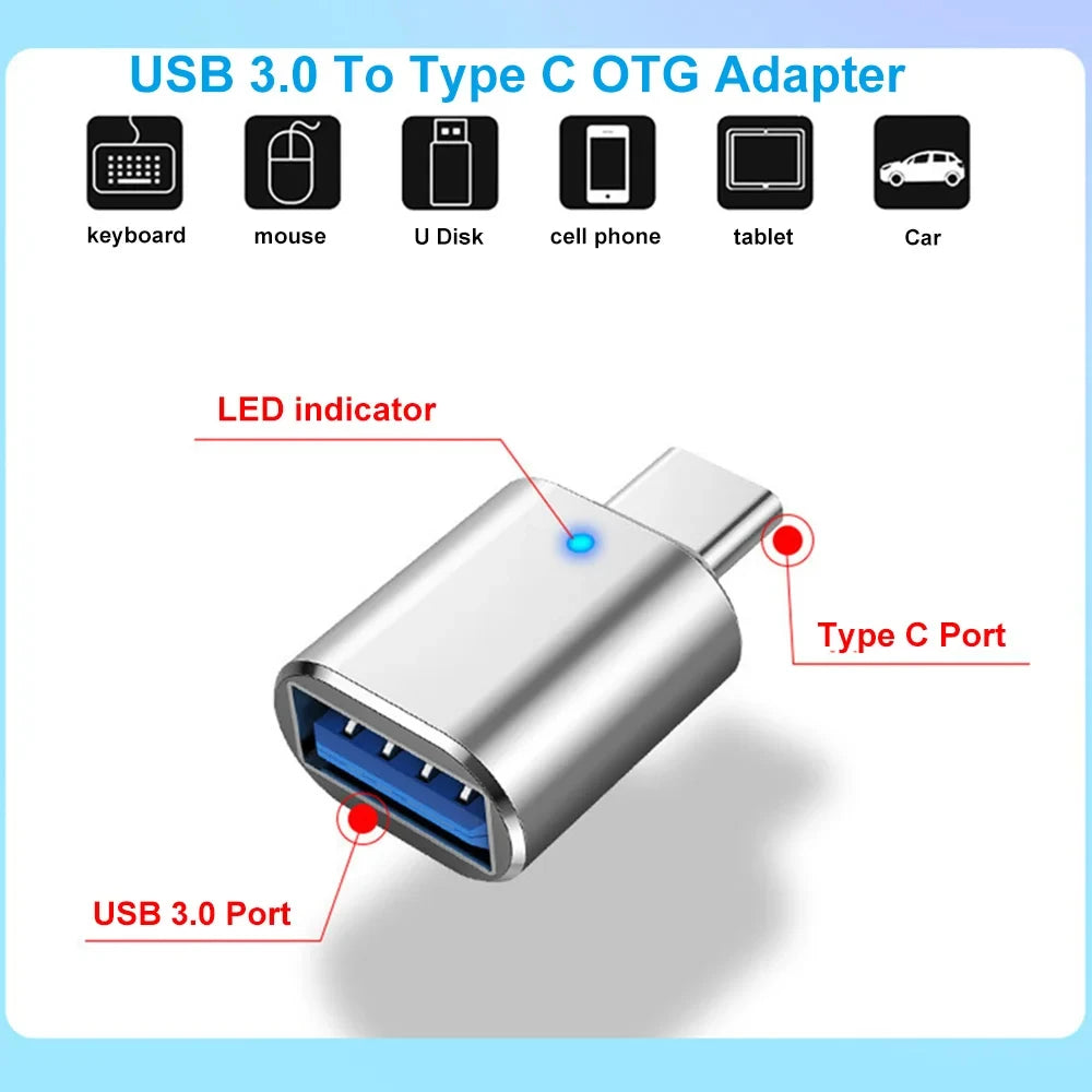 USB‑A to Type‑C Male Adapter USB3.0, OTG & Car Charging Supported Converter Fit for Laptops, Mobile Phones & USB‑C Gadgets