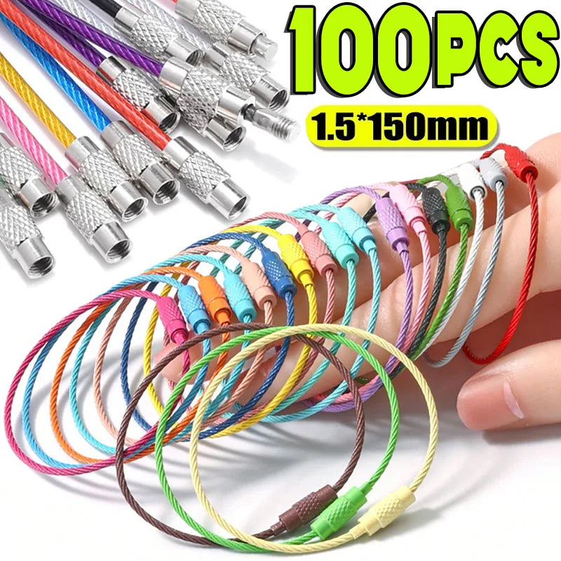 10-100pcs Stainless Steel Wire Keychain Ring Key Keyring Circle Rope Cable Loop Outdoor Camp Luggage Tag Screw Lock Gadget